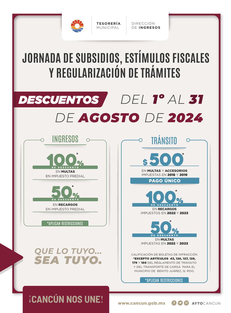 Continúa en agosto la jornada de subsidios y estímulos fiscales en Benito Juárez